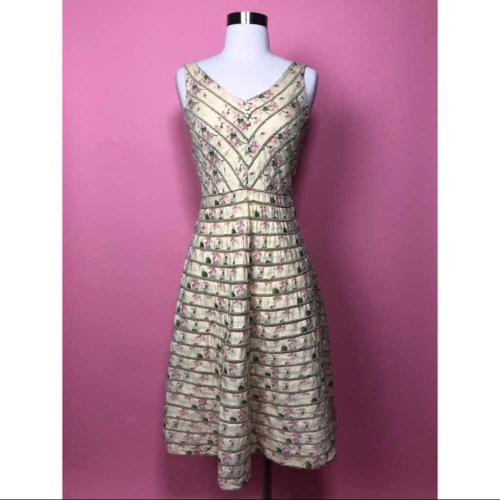 Anthropologie pink floral yellow flare dress 2S